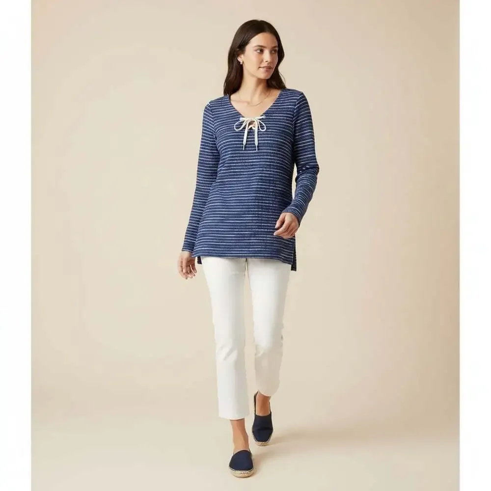 Tommy Bahama Navy White Stripe Lace-Up Pullover Top Size Small Coastal